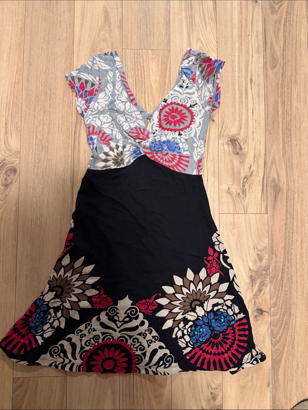 Desigual Mini Twist-Front Dress in Black, Red, Blue, Cream